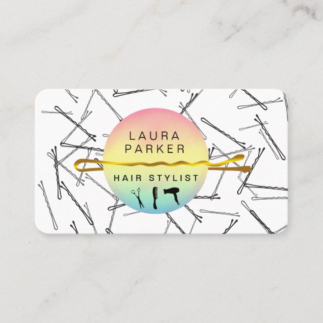 Cartão De Visita Hair Stylist Makeup Artist Bobby Pins Salon Dourad (Frente)