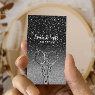 Cartão De Visita Hair Stylist Modern Black & Silver Glitter Salon