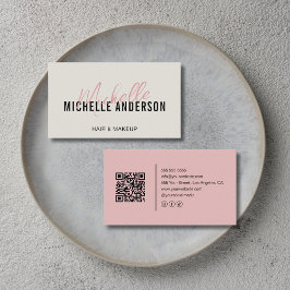 Cartão De Visita Hair Stylist Modern Neutral and Pink QR Code