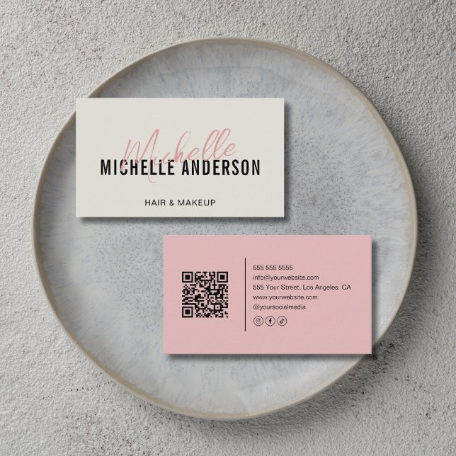 Cartão De Visita Hair Stylist Modern Neutral and Pink QR Code (Hair Stylist Modern Neutral and Pink QR Code Business Card)
