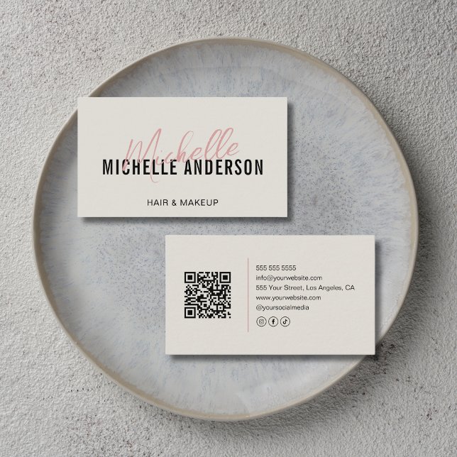 Cartão De Visita Hair Stylist Modern Neutral Beige QR Code (Hair Stylist Modern Neutral Beige QR Code Business Card)