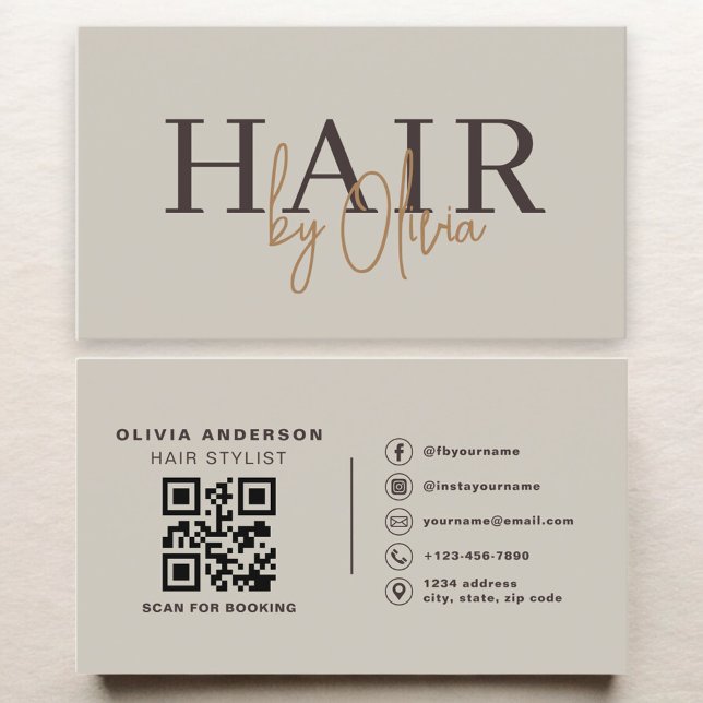 Cartão De Visita Hair Stylist Modern Neutral QR Code  (Criador carregado)