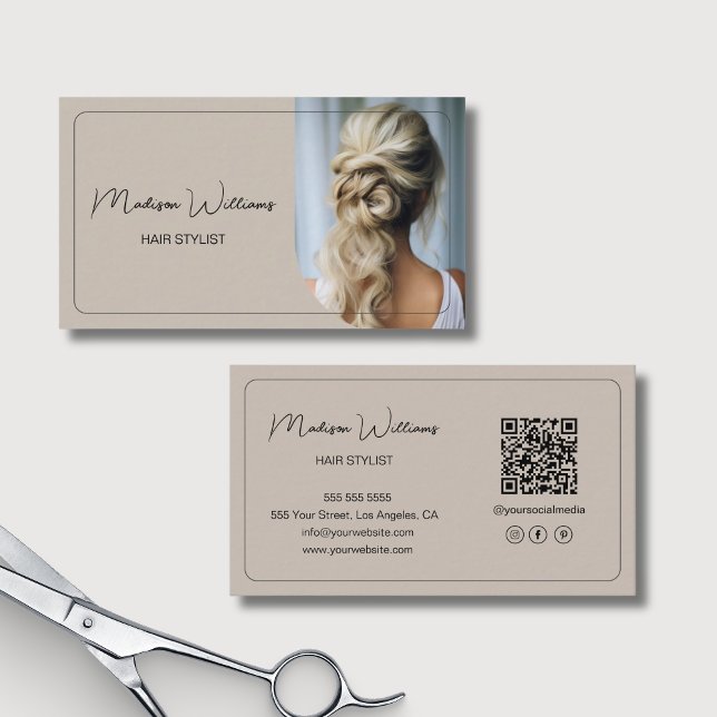 Cartão De Visita Hair Stylist Modern Photo Beige (Hair Stylist Modern Photo Beige Business Card)