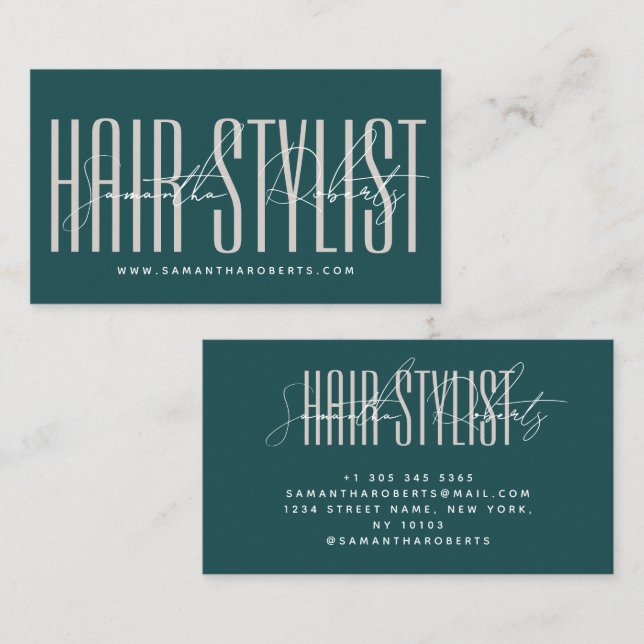 Cartão De Visita Hair stylist modern typography script green (Frente/Verso)