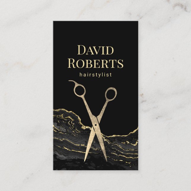 Cartão De Visita Hair Stylist Moderna Dourada Mármore Preto (Frente)