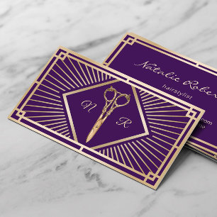 Cartão De Visita Hair Stylist Moderno Roxo e Dourado Art Deco Salon
