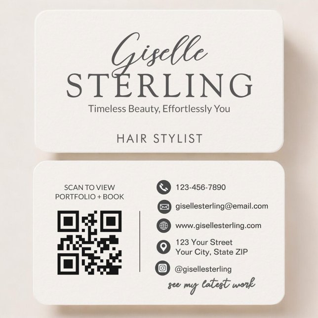 Cartão De Visita Hair Stylist Neutral QR Code (Criador carregado)