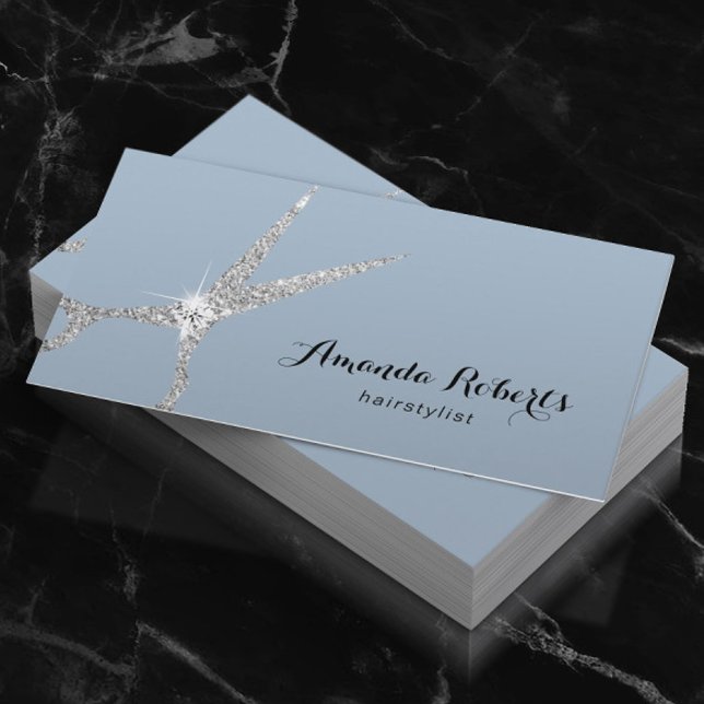 Cartão De Visita Hair Stylist Prata Moderna Tesoura Salon Dusty Blu (Criador carregado)