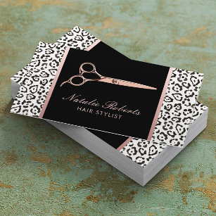 Cartão De Visita Hair Stylist Rosa Dourada Tesoura Leopard Salon