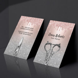 Cartão De Visita Hair Stylist Rose Gold Drips Silver Glitter Salon