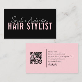 Cartão De Visita Hair Stylist Salon Black and Pink QR Code