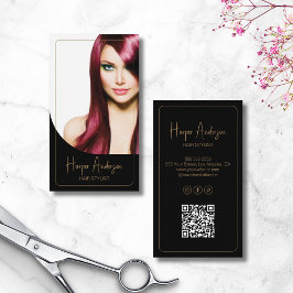 Cartão De Visita Hair Stylist Salon Custom Photo QR Black Gold