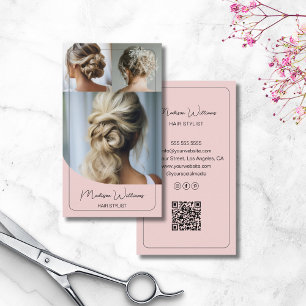 Cartão De Visita Hair Stylist Salon Personalizado 3 Fotos QR Rosa