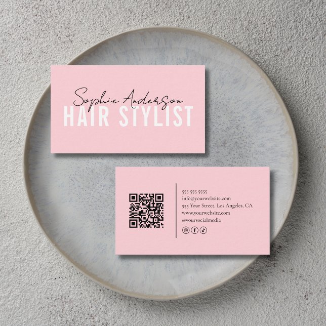 Cartão De Visita Hair Stylist Salon Pink QR Code (Hair Stylist Salon Pink QR Code Business Card)
