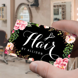 Cartão De Visita Hair Stylist Script and Pink Floral Wrapping