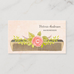 Cartão De Visita Hairdresser Elegante com Comb Vintage e Rosas