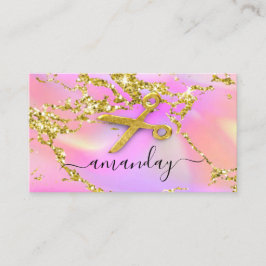 Cartão De Visita Hairdresser Stylist Tesoura Dourada Hológrafo Rosa
