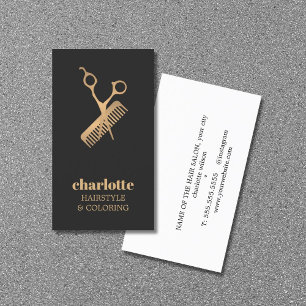 Cartão De Visita Hairsalon Negrito de Tesoura Dourada Escuro Elegan