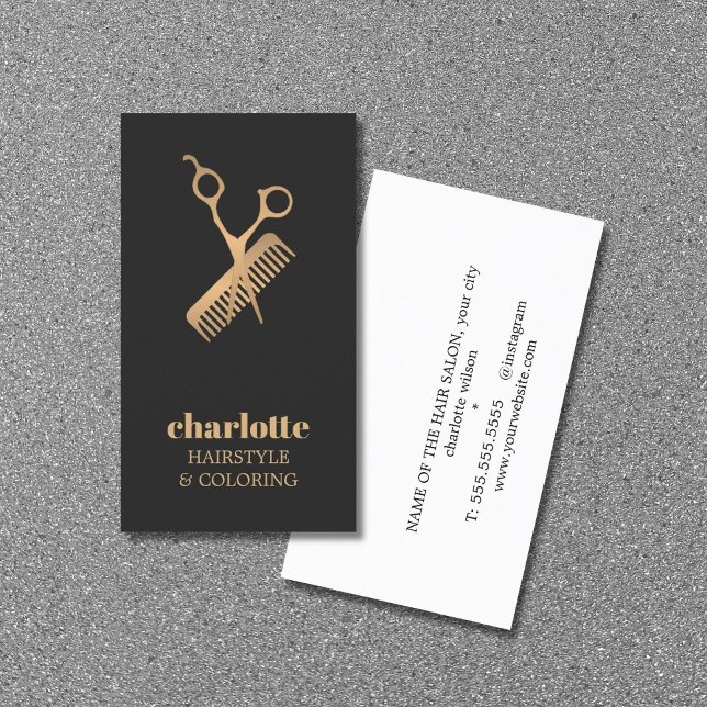 Cartão De Visita Hairsalon Negrito de Tesoura Dourada Escuro Elegan (Criador carregado)