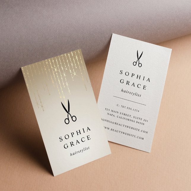 Cartão De Visita Hairstylist da chuva ouro (Criador carregado)