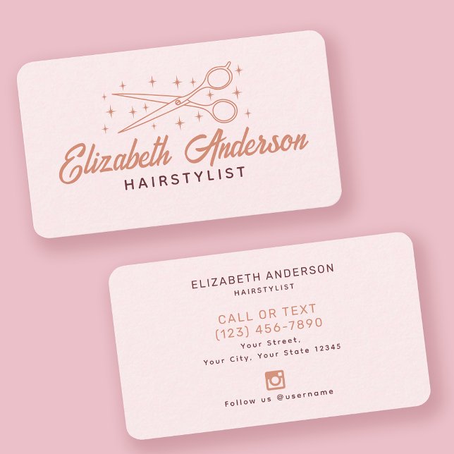 Cartão De Visita Hairstylist da Tipografia Retrorística Rosa (Criador carregado)