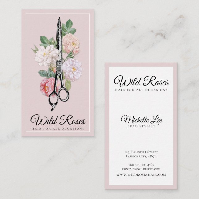 Cartão De Visita Hairstylist de Rosas Rosa Floral Elegante  (Frente/Verso)