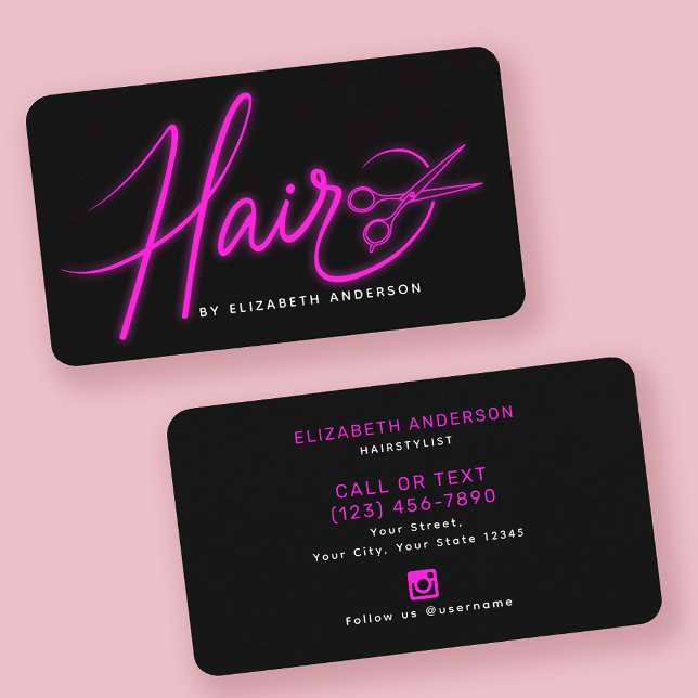 Cartão De Visita Hairstylist de Script Retro Neon-Pink e Preto (Criador carregado)