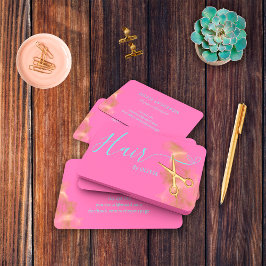 Cartão De Visita Hairstylist Dourada Tesoura Azul Rosa Quente