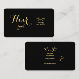 Cartão De Visita Hairstylist Mestre Elegante Preto e Dourado