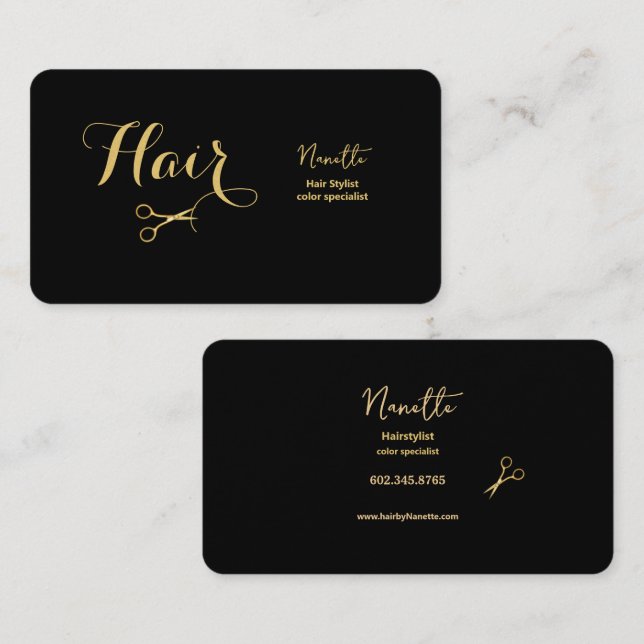 Cartão De Visita Hairstylist Mestre Elegante Preto e Dourado (Frente/Verso)