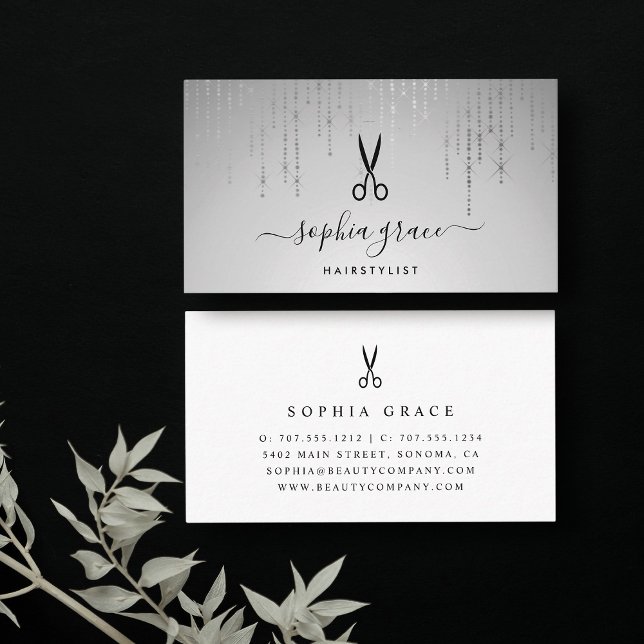 Cartão De Visita Hairstylist para a chuva prateada (Criador carregado)