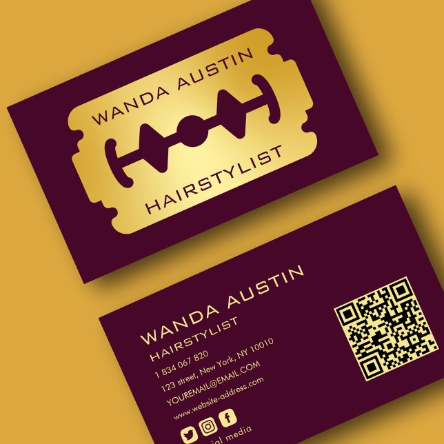 Cartão De Visita Hairstylist Razor Blade Burgundy And Gold Qr Code  (Criador carregado)