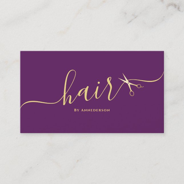 Cartão De Visita Hairstylist Script Hairdresser Purple Elegante (Frente)