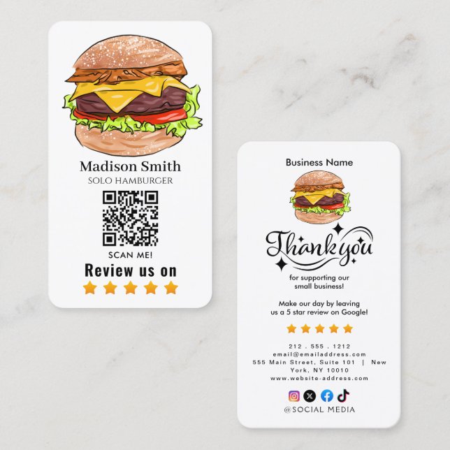 Cartão De Visita hamburger  review QR Code  (Frente/Verso)