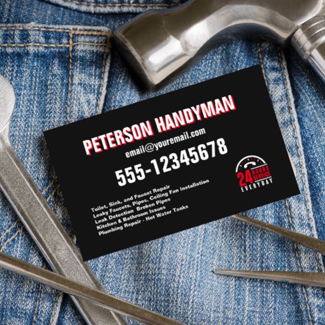 CARTÃO DE VISITA HANDYMAN 24 HORAS DE EMERGÊNCIA PRETA VERMELHO (Criador carregado)