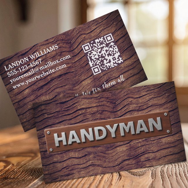 Cartão De Visita Handyman Maintenance Repair Service Wood QR Code (Criador carregado)