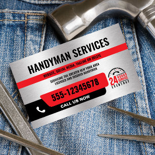 CARTÃO DE VISITA HANDYMAN URGENT REPAIR 24/ PRATA NEGRA VERMELHA