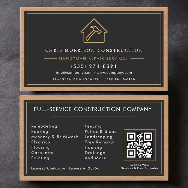 Cartão De Visita Handyman Wood QR Code Construction Black Gold  (Criador carregado)