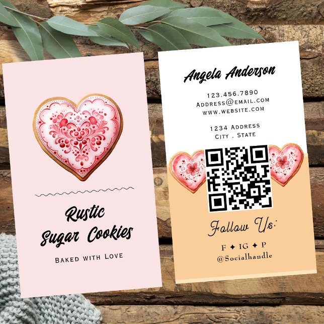 Cartão De Visita Heart Cookie Trendy QR Code and Website (Criador carregado)