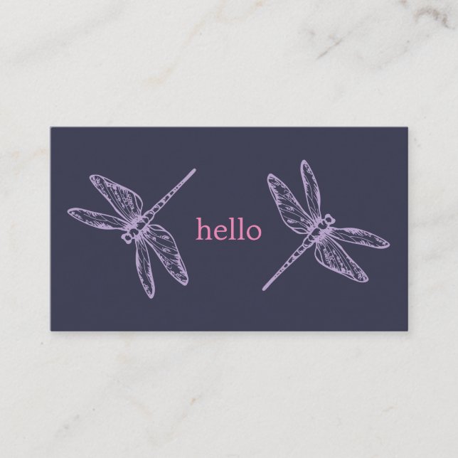 Cartão De Visita Hello blue purple dragonflies insects illustration (Frente)