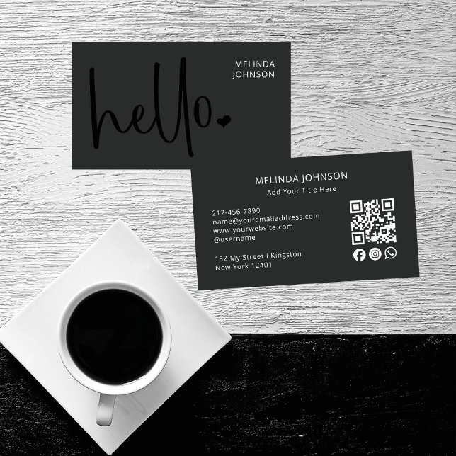 Cartão De Visita Hello Heart Deep Black Script QR Code Social Media (Criador carregado)