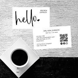 Cartão De Visita Hello Heart White Script QR Code Social Media