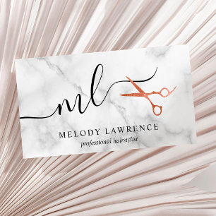 Cartão De Visita Hirestilista de tesouras de rosa de cobre elegante