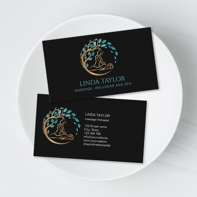 Cartão De Visita Holistic Massage Therapist Wellness Spa (massage therapist logo with golden tree business card)