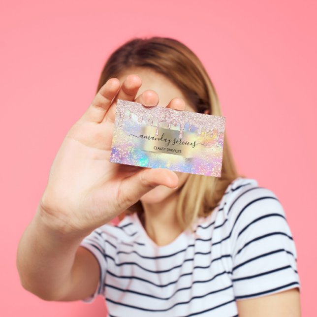 Cartão De Visita Hológrafo Makeup Lashes Boutique Dourado Rosa (Holograph Makeup Lashes Boutique Gold Rose Drip Business Card)