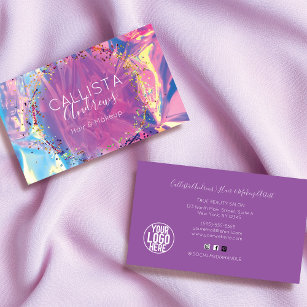 Cartão De Visita Hológrafo Rosa Púrpura Glitter Confetti Salon Busi