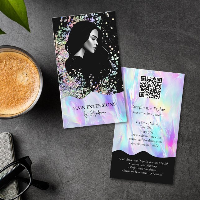 Cartão De Visita Holograph Luxury Hair Stylist Extensions Wig Photo (holograph glitter foil hair stylist business cards
)
