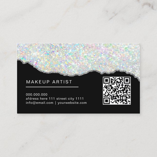 Cartão De Visita Holographic Glitter Makeup Artista Silver Black (Verso)