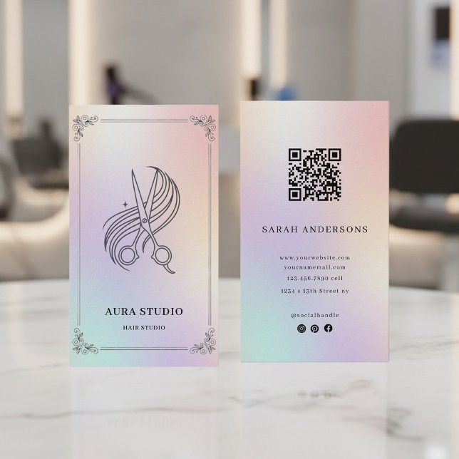 Cartão De Visita Holographic Hair Stylist Card with QR Code (Criador carregado)