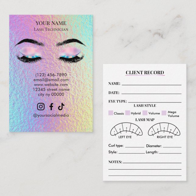Cartão De Visita Holographic Lash Client Record Form (Frente/Verso)